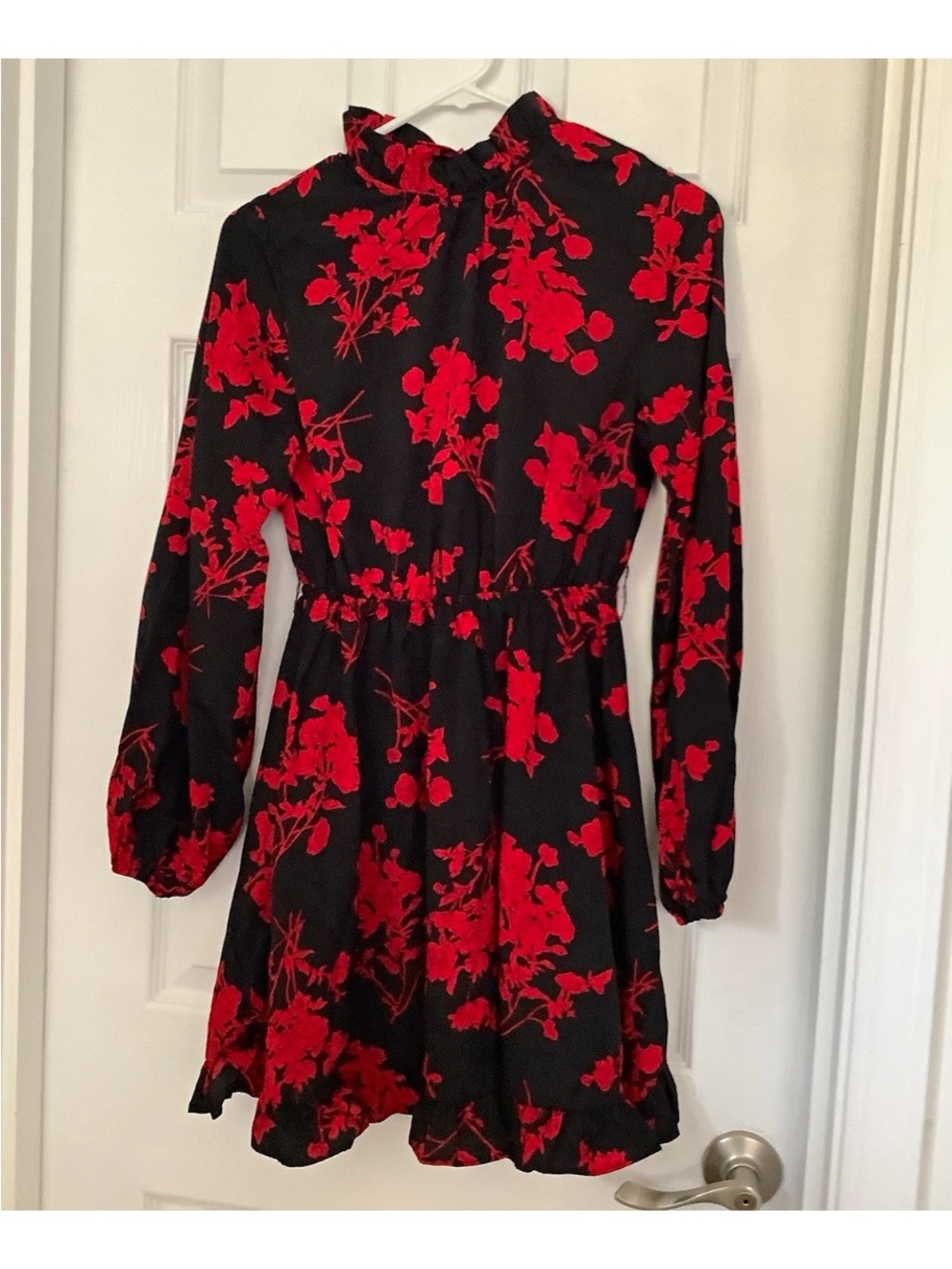 Black & Red Floral Long-Sleeve Ruffle Dress